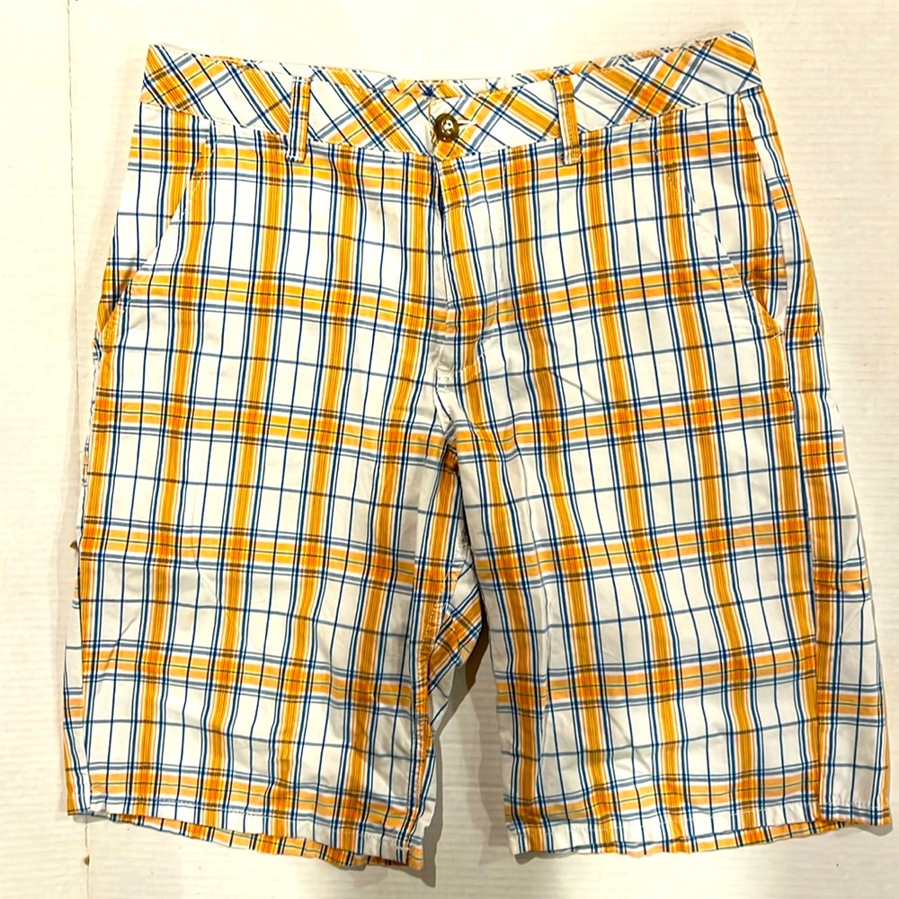 Kirra Orange / Blue Plaid Flat Front Shorts. Mens Waist 33